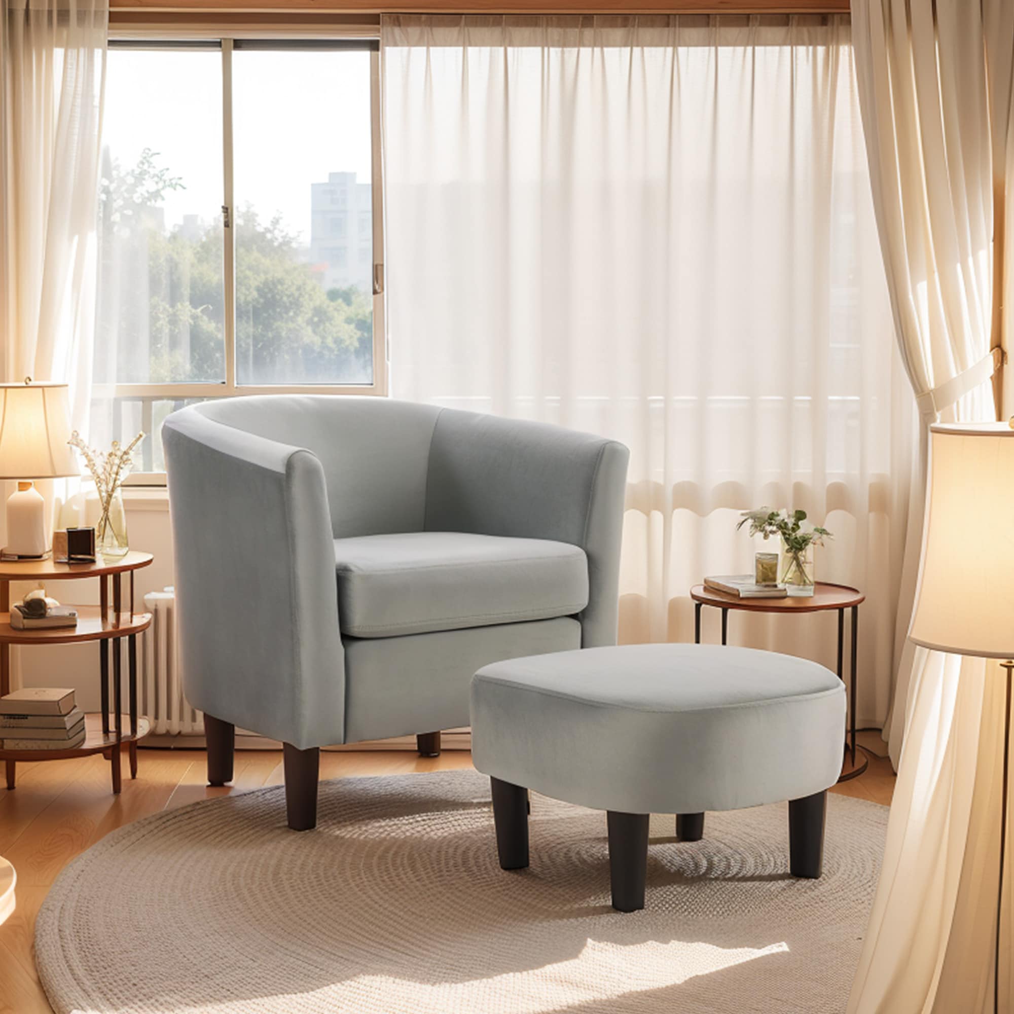 Velvet Accent Chair With Ottoman, Modern Barrel Chair Armchair For Living Room, Bedroom, Gray_maomaolike.com